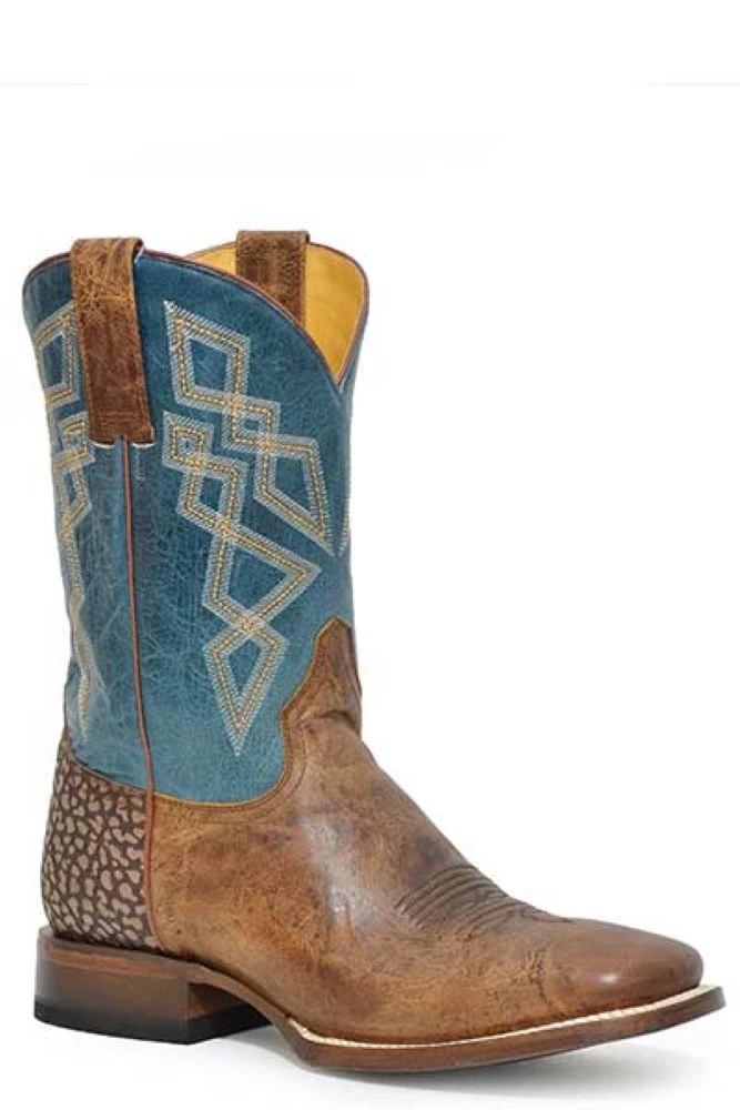 'Roper' Men's 11" Merritt Western Square Toe - Waxy Tan / Burnish Blue 'Roper' Men's 11" Merritt Western Square Toe - Waxy Tan / Burnish Blue -Outdoor Clothing Store