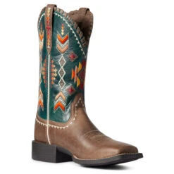 'Ariat' Women's Round Up Square Toe - Tan / Deep Teal -Outdoor Clothing Store F21 WMS WEST 10038328 medial 1024x1024@2x