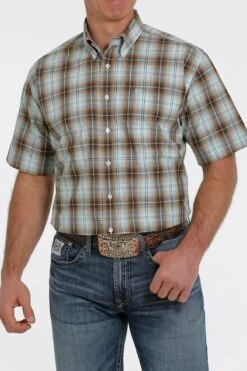 'Cinch' Men's Ombre Plaid Short Sleeve Button Down Shirt - Brown/Turquoise -Outdoor Clothing Store MTW1111398 2 1024x1024@2x