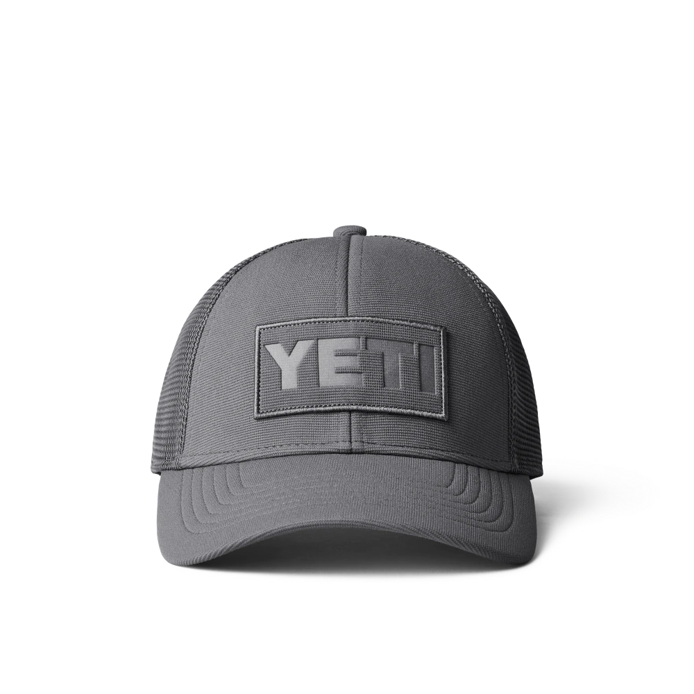 'Yeti' Men's Patch Trucker Hat - Grey -Outdoor Clothing Store YETI 1H22 Hats Logo Badge Patch Trucker Gray Front 0086 Layers F 2200x2200 4fd6b5f3 7e69 49e1 bd20